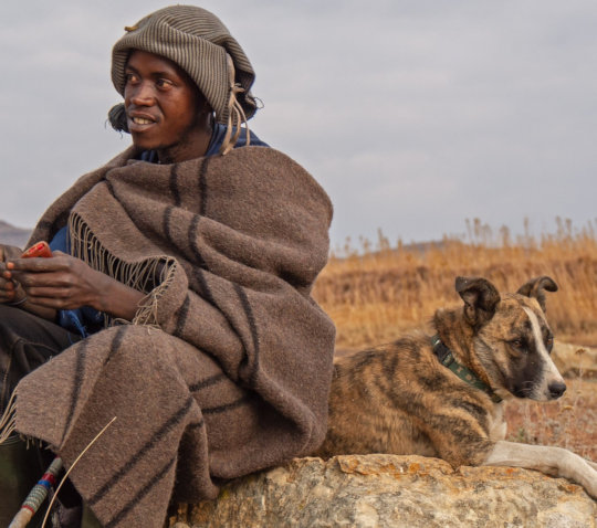 Traditionele herder met hond in Lesotho