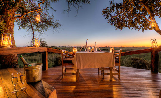 Romantisch diner in de Okavango delta in Botswana tijdens huwelijksreis