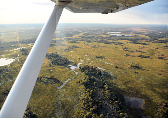 Vlucht over de Okavango delta in Botswana